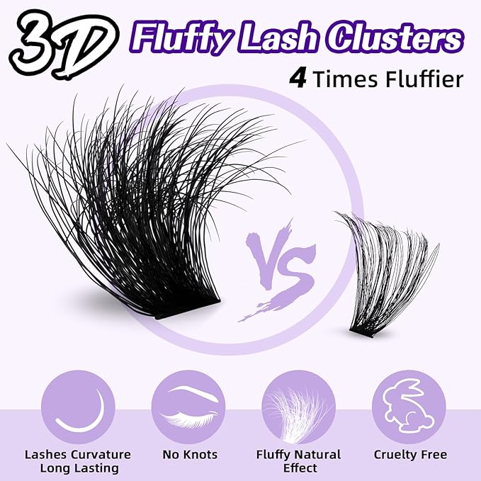 B&Q Fluffy Lash Clusters Kit 100D+200D Dramatic Eyelash Clusters Kit 10-18MM 0.05MM Wispy Lash Thick Volume DIY Individual Lashes 3D Mega Eye Lashes Suitable for Beginners at Home(KIT-100D+200D)