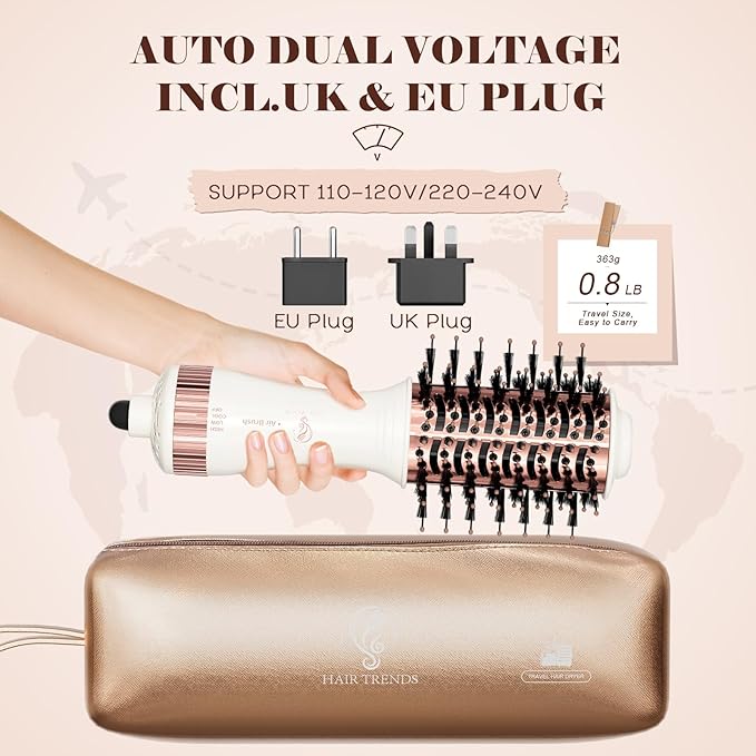 Travel Blow Dryer Brush in one, Dual Voltage 110V-240V Mini Hot Air Brush, Hair Trends Nano Titanium 2 Inch One Step Hair Dryer and Styler Volumizer Oval Shape