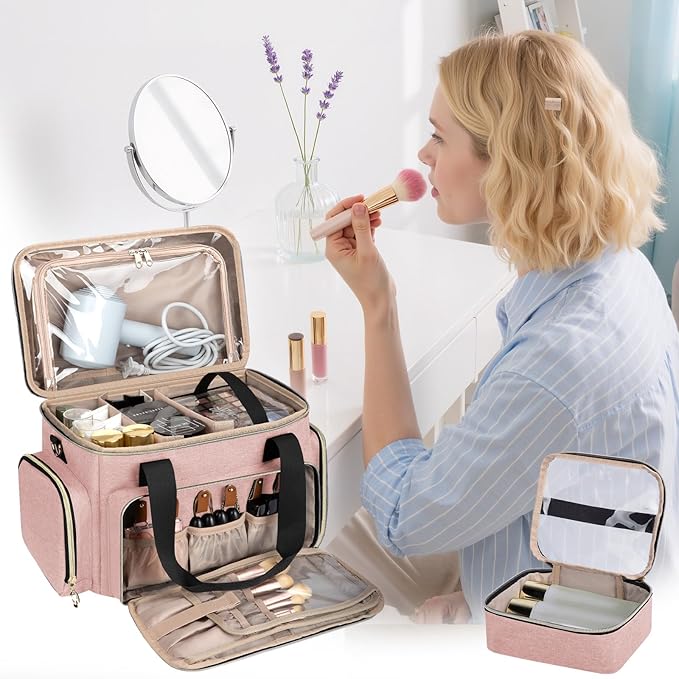 GDNasist Large Makeup Bag, Portable Travel Makeup Bag Organizer for Women Girls with 2 Removable Pouches & Detachable Dividers, Cosmetic Travel Bag, Toiletry Bag for Makeup and Hair Supplies Pink
