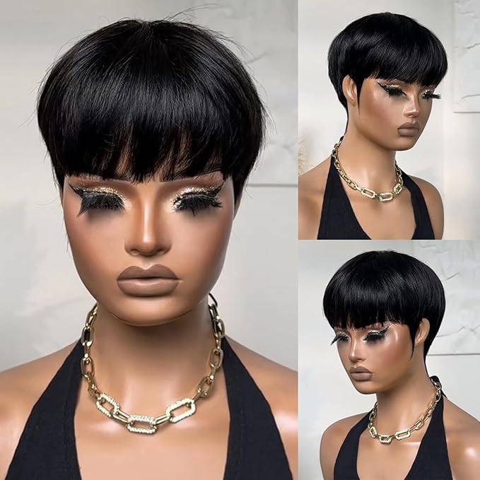 Short Wigs Pixie Cut Wig for black women Human Hair Natural Black Straight Human Hair Wig with Bangs Short layered Wave Glueless No lace front full machine made Bob Wig