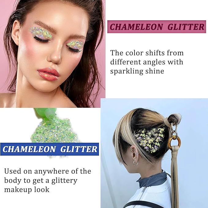 MEICOLY Lime Green Body Glitter,Holographic Chunky Chameleon Face Glitter for Halloween Alien Makeup,Self-Adhesive Color Changing Mermaid Glitter Gel,Glitter for Face Body Hair,Festival Party Cheer