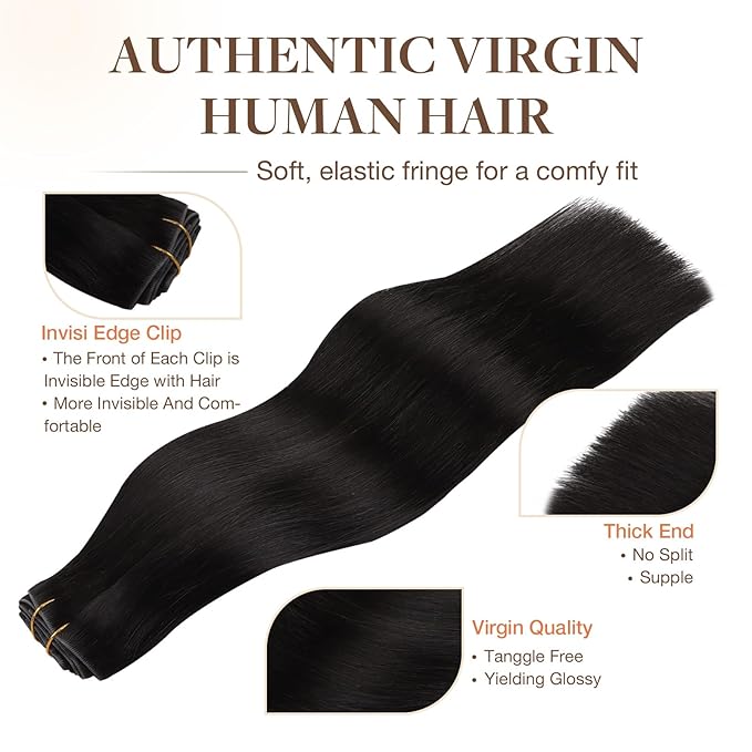GOO GOO Invisi Edge Clip in Hair Extensions Set, 16inch 160g, 4pcs Injected Seamless PU Clip ins and 5pcs Classical PU Clip insip ins, Virgin Real Human Hair, #1B