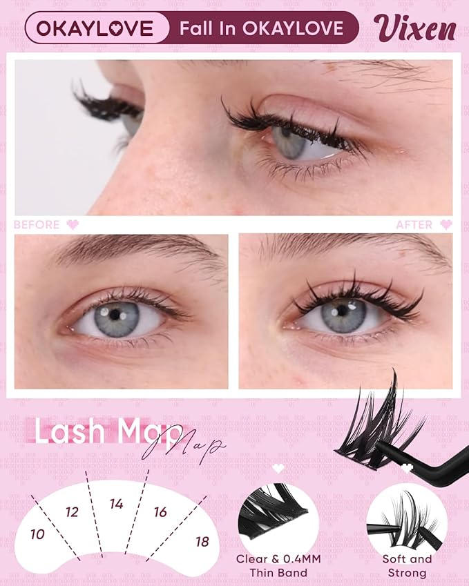 OKAYLOVE Anime Lashes Clusters Kit, Vixen 10-18mm Manga Cluster Eyelash Extensions Kit, 120pcs CC Curl Fairy Wipsy Lash Clear Band Natural Eyelashes with Bond and Seal, Remover, Tweezers