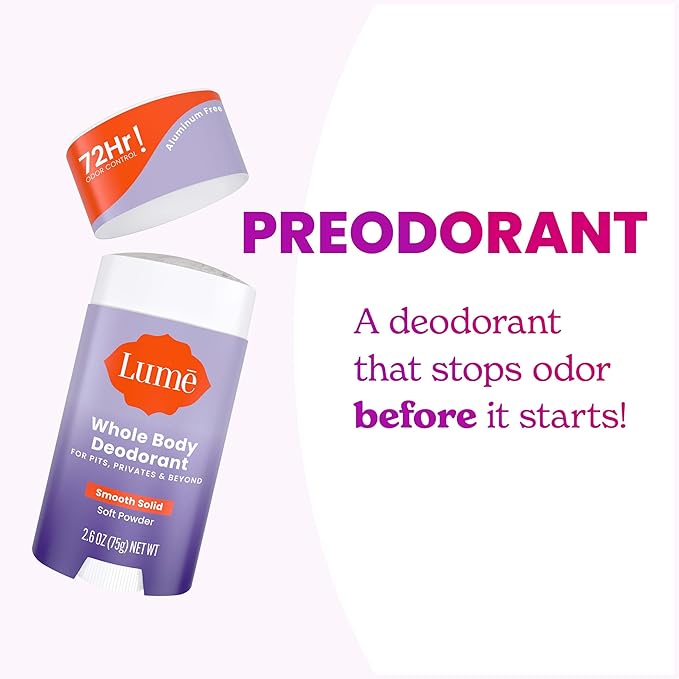 Lume Whole Body Deodorant - Invisible Cream Tube Mini and Solid Stick - 72 Hour Odor Control - Aluminum Free, Baking Soda Free, Skin Safe - 0.5 Oz Mini Tube + 2.6 Oz Solid Stick (Soft Powder)