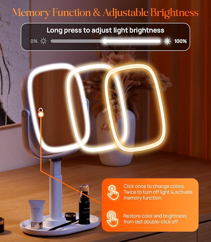 Gospire Lighted Makeup Mirror with Lights and Magnification 1X/10X, Tray Base and Height Adjustable for Desk, 4000mAh Rechargeable Battery, 3 Color Lights＆Memory Function for Bedroom - White