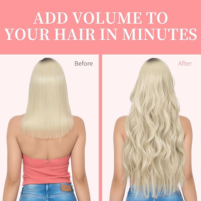 KooKaStyle Clip in Synthetic Hair Extensions Long Wavy 4PCS Thick Hairpieces Platinum Blonde Fiber Double Weft Natural Hair Extensions 20 Inch for Women