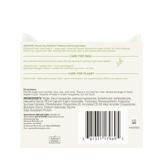 Aveeno Positively Radiant Alcohol Free Makeup Removing Face Wipes, Ultra Soft, Gentle, Non-Comedogenic Facial Cleansing Towelettes Leave Skin Clean & Soft, Sulfate Free, Twin Pack, 2x25 ct