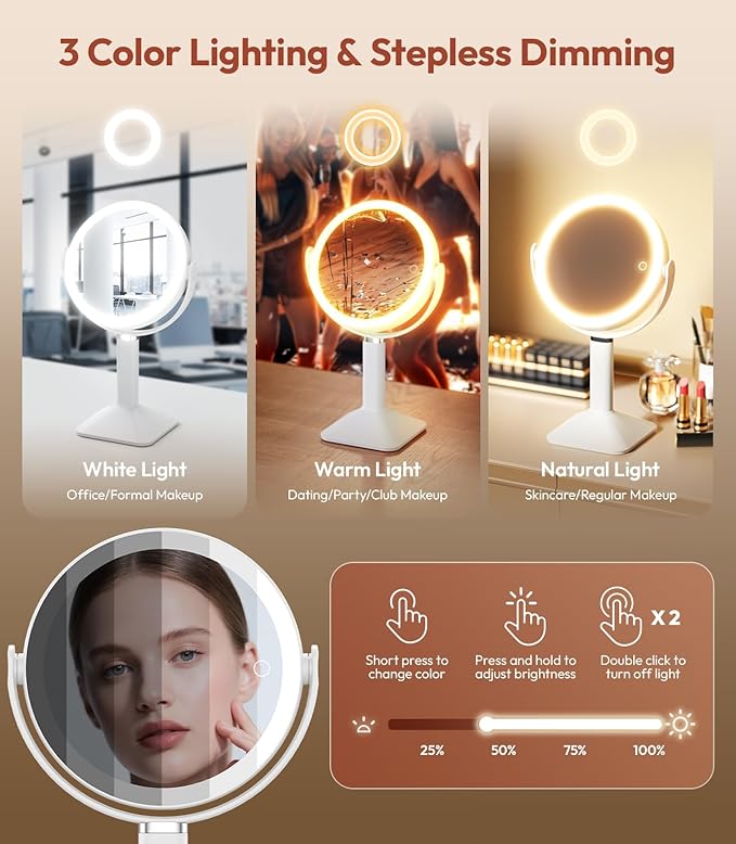 Lighted Makeup Mirror with Lights and Magnification 30X/1X, Height Adjustable 30X Magnifying Vanity Mirror with 4000mAh Battery & 3 Colors Dimming Light for Desktop Bathroom Bedroom (White)
