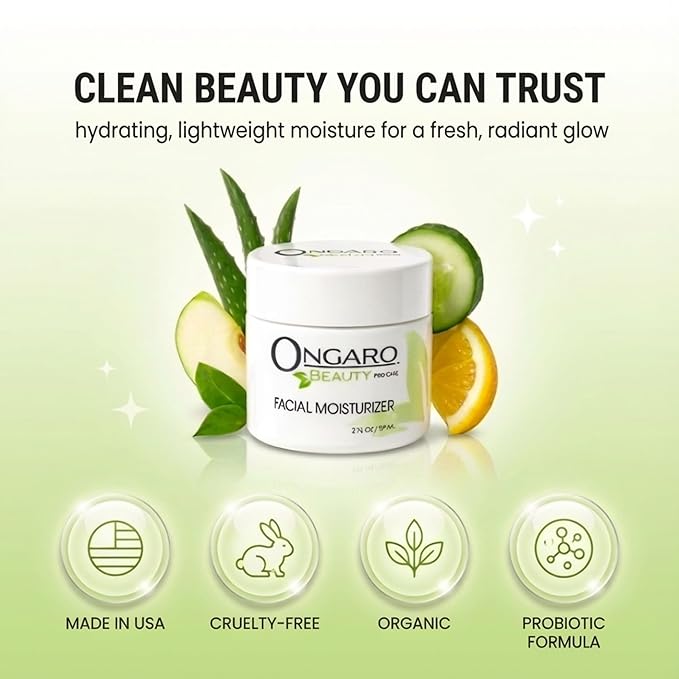 Ongaro Beauty Organic Face Moisturizer - Hydrating Face Cream, Probiotic Moisturizer with Aloe Vera, Vitamin A, C & E - Hyaluronic Acid, Face Lotion for All Skin Types - Nourishes Skin - 2 fl. Oz