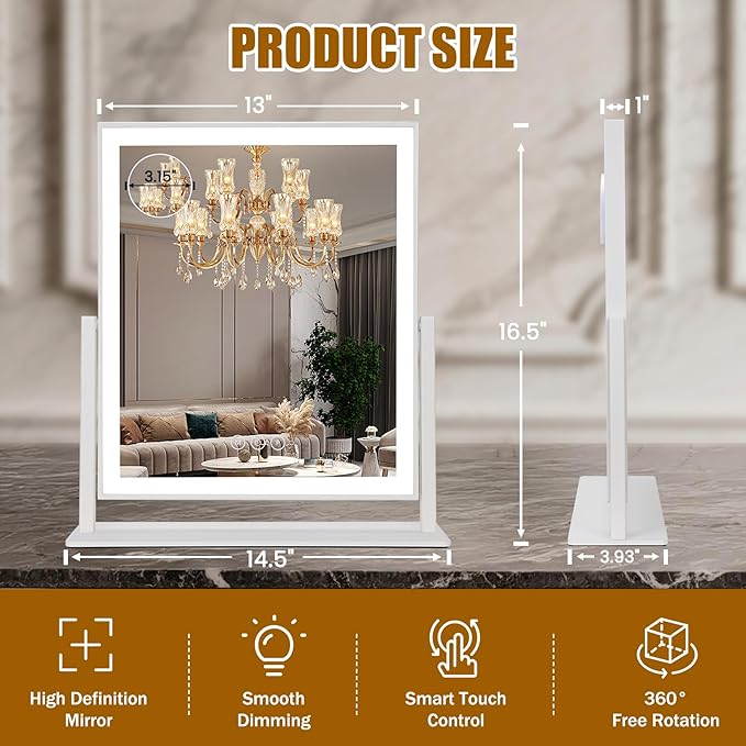 Vanity Mirror with Lights 14.5"x16.5", LED Makeup Mirror, 3 Color Lighting Modes, 10X Magnification, Smart Touch Control, Dimmable, Aluminum Metal Frame, Lighted Up for Vanity Desk (White)