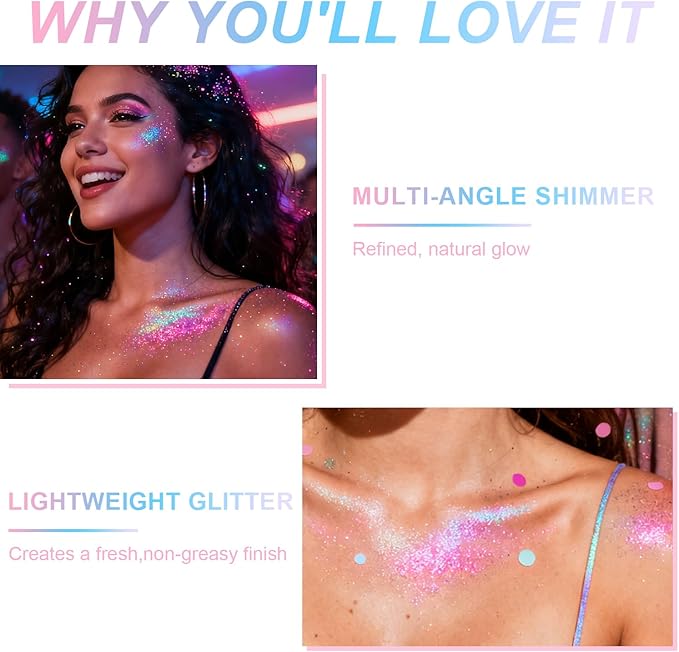 1PC Roll-on Holographic Body Glitter Gel for Body, Hair, Face, Chameleon Color Changing Glitter Gel Under Light, Chunky Mermaid Sequins Festival Party Rave Accessories Shimmer Makeup (Sparkling Pink)