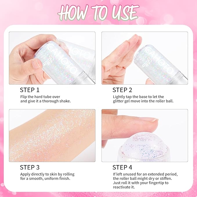 Flamingo Rolling Glitter for Face Body & Hair, Sparkling Holographic Chunky Shimmer, Roll-on Sequins for Singer Concert Rave Festival Halloween Party Carnival, 1.35fl.oz