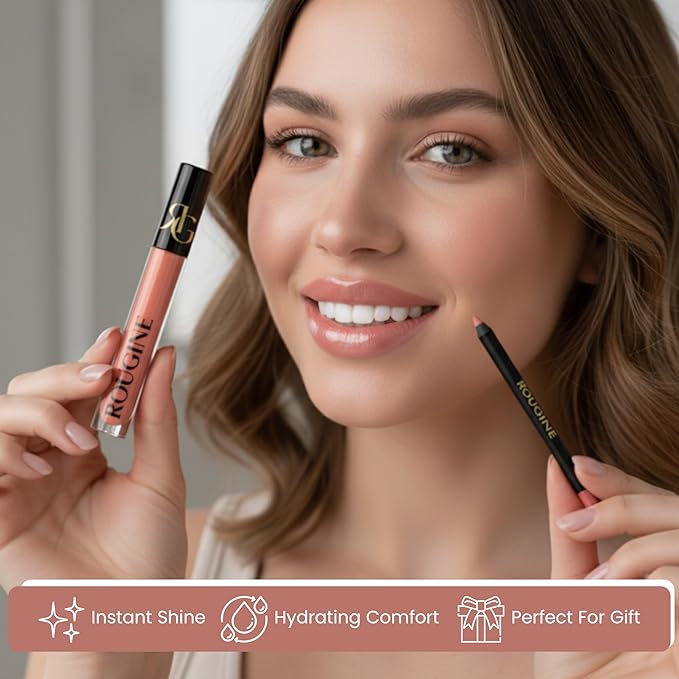 ROUGINE Lip Gloss and Lip Liner Set for Women – Daddy’s Girl Gloss Finish – Smooth Shine Lip Gloss, Soft Glide Lip Liner Pencil – Hydrating Makeup Lip Moisturizer Combo – Vitamin E & Shea Butter