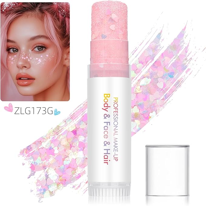 Valentine's Day Body Glitter Stick for Face, Body & Hair - Red & Pink Chunky Sparkle Glitter, Heart Design Face Gem 2 Pack | Long Lasting Party Makeup for Festival, Rave, Concert & Cosplay