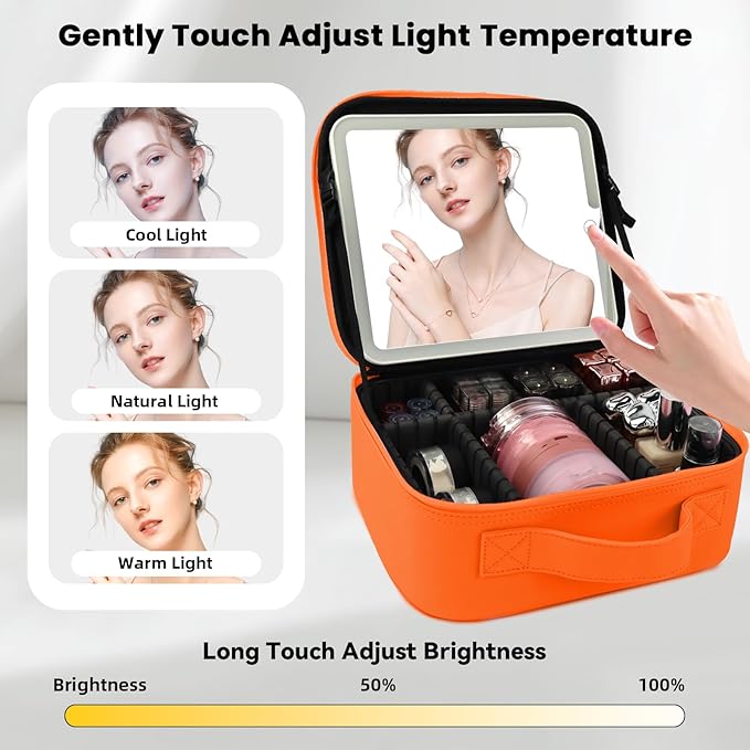 SUILU Travel Makeup Bag with LED Mirror and Light Travel Makeup Case Cosmetic Organizer Portable Cosmetic Brush Organizer Bag with Adjustable Dividers for Cosmetics Makeup Brushes Toiletry (Orange)