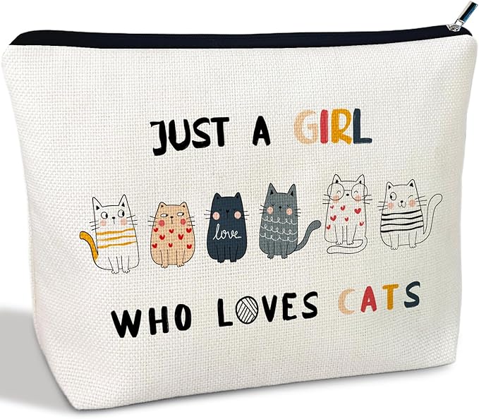CLHHM Just A Girls Who Loves Cats Makeup Bag for Women Girls Cute Cat Themed Cosmetic Bag for Travel Storage Toiletry Funny Cat Lover Gift for Birthdays Christmas Ideal for Moms Daughters Friends
