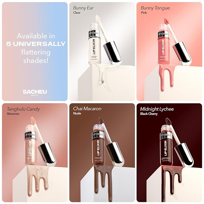 Sacheu Lip Elixir Nourishing and Hydrating Lipgloss — Moisturizing Plumping Lip Gloss Enriched with Collagen, Non-Sticky Lip Color Smooth High-Shine Finish, Vegan & Cruelty-Free, Tanghulu Candy
