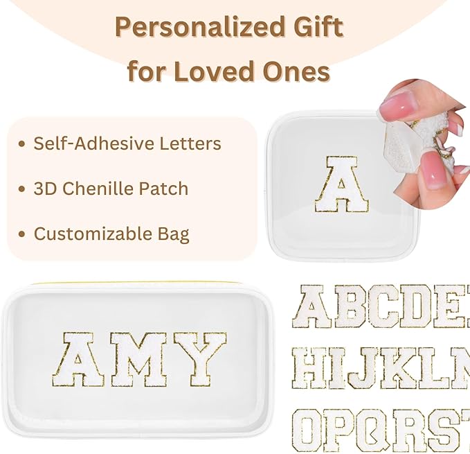 GODEAGLE Personalized Travel Makeup Bag Set, 2PCS Toiletry Bag & 26 Chenille Letters, Elegant Skincare Bag, DIY Bridal Shower Gifts for Engagement Wedding (White)