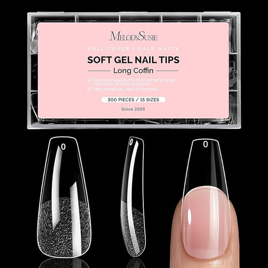MelodySusie Long Coffin X Nail Tips - 300Pcs 15 Sizes Clear Acrylic, Half Matte Full Cover Press on Nails for DIY Extension & Salon Use,Pre-Shaped for Long-Lasting Manicure