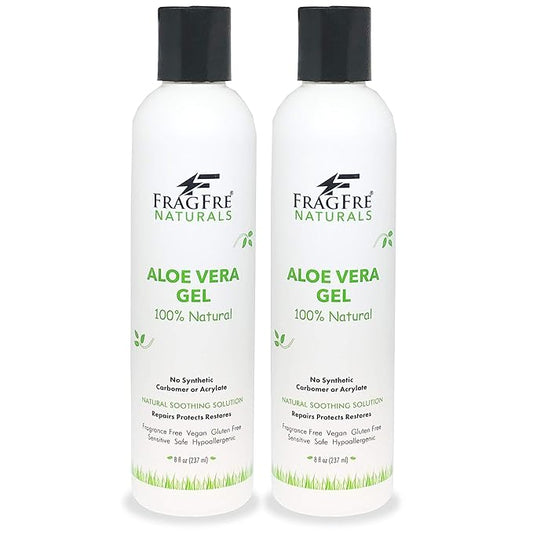 FRAGFRE All-Natural Aloe Vera Gel 8 oz (2-Pack Gift Set) - No Synthetic Carbomer or Acrylate - 100% Natural Aloe Vera Soothing Gel - After Sun Exposure Skin Care - Fragrance Free Vegan Gluten Free