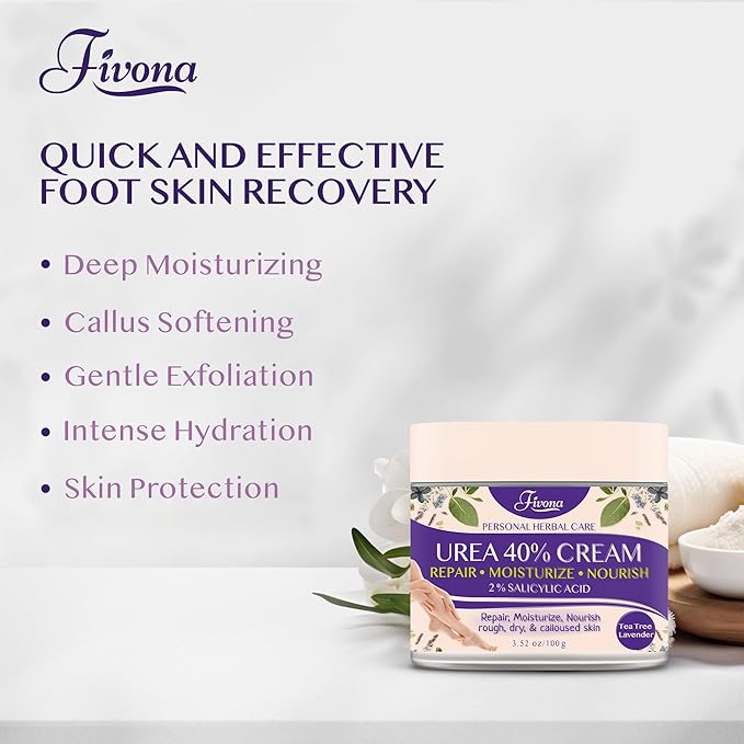 FIVONA 40% Urea Foot Cream for Dry Cracked Heels - Extra Strength Callus Softening Cream with 2% Salicylic Acid, Tea Tree & Lavender, 100g (3.5 oz)