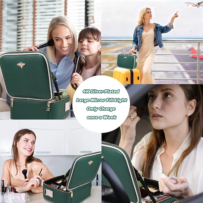 GIUWESOY Travel Makeup Bag with Light Up Mirror, Portable Makeup Bag with Led Light Women Waterproof Makeup Travel Case adjustable dividers Rechargeable Vanity Mirror with 3 Color Lights (Green)