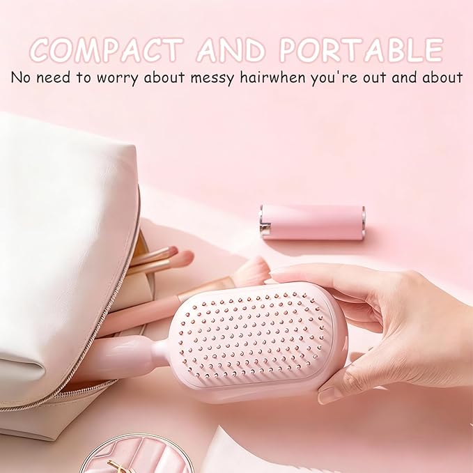 Retractable Cushion Massage Comb,Self Cleaning Hair Brush,Massage Comb With Retractable Bristles,One-pull Clean Anti Static Brushs, Hairs Styling Tools for All Hairs Types (Pink)