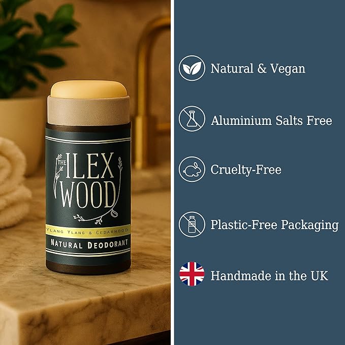 The Ilex Wood Natural Deodorant - 2.4fl oz. Handmade, Aluminum Salt Free, Plastic Free, Cruelty and Alcohol Free, Vegan, Eco Friendly Cardboard Tube – Ylang Ylang & Cedarwood (Sweet & Woody)