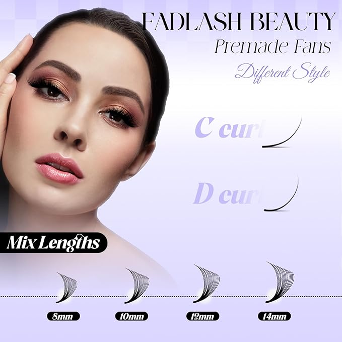 Premade Fan Lashes 0.07C Curl Lash Extension 16D Pre Made Individual Lashes Middle Stem Heat Bonded 8-14mm Premade Volume Eyelash Extension (0.07C-8-14mm)