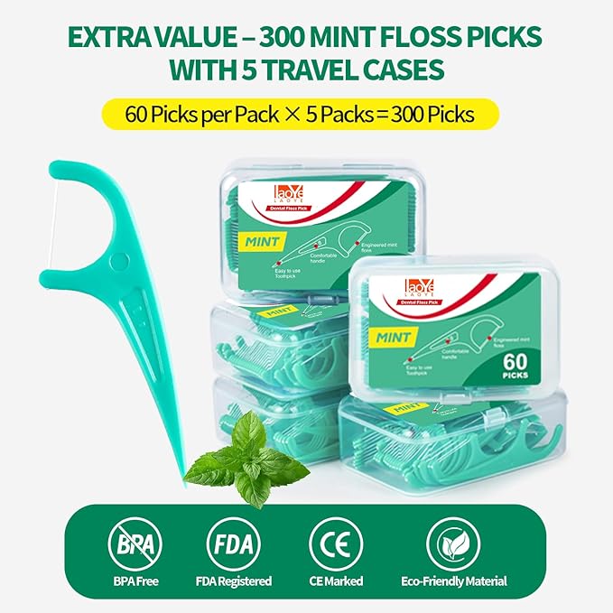 Floss Picks, 300 Count Mint Dental Floss Picks, Toothpicks with 5 Travel Cases for Extra Convenience, Helps Prevent Cavities, Remove Plaque & Freshen Breath, Premium Floss Sticks for Family