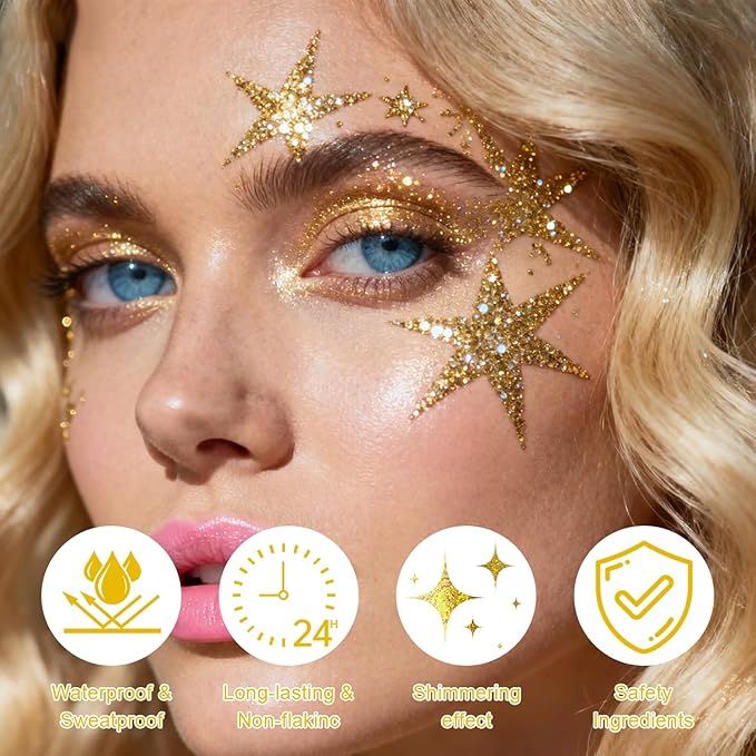 Roll-on Holographic Body Glitter Gel for Face and Hair, Chameleon Color Changing Glitter Gel Under Light, Chunky Mermaid Sequins Shimmer Makeup for Halloween Party Rave Accessories (Gold)