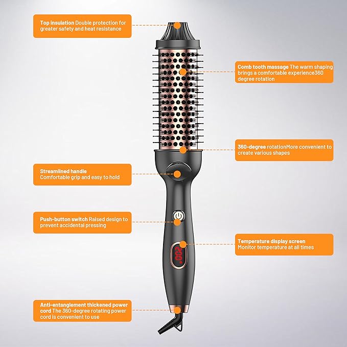 Thermal Brush, 3-in-1 Curling Iron - 30s Fast Heat, 4 Temp Settings (300℉-400℉), Anti-Scald Design for Loose Curls, Straight Hair & Volume (Home & Travel Use)