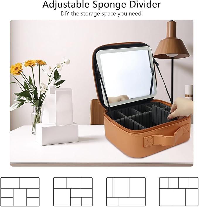 SLUMAZI Travel Makeup Bag with LED Mirror Travel Makeup Organizer with 3 Lighted Settings, Adjustable Dividers and Makeup Brush Storage Bag Caramel