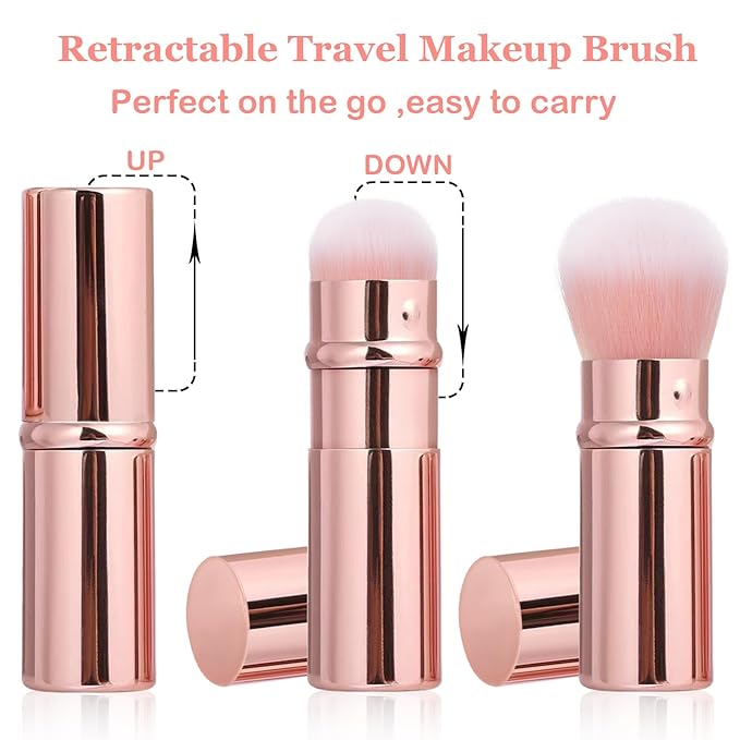 Keriloo Retractable Makeup Brush 2 Pack, Travel Kabuki Powder Makeup Brush, Foundation Face Blush Brushes for Blending Liquid, Blush, Bronzer, Buffing, Sunscreen,Flawless Cosmetics