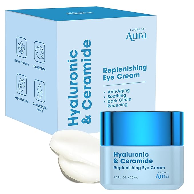 Radiant Aura Hyaluronic Acid & Ceramide Eye Cream For Dark Circles - Dermatologist Tested, Anti Aging Korean Skin Care - Deep Hydration & Depuffing Eye Treatment - Vegan, Clean Beauty - 1.0 Fl Oz