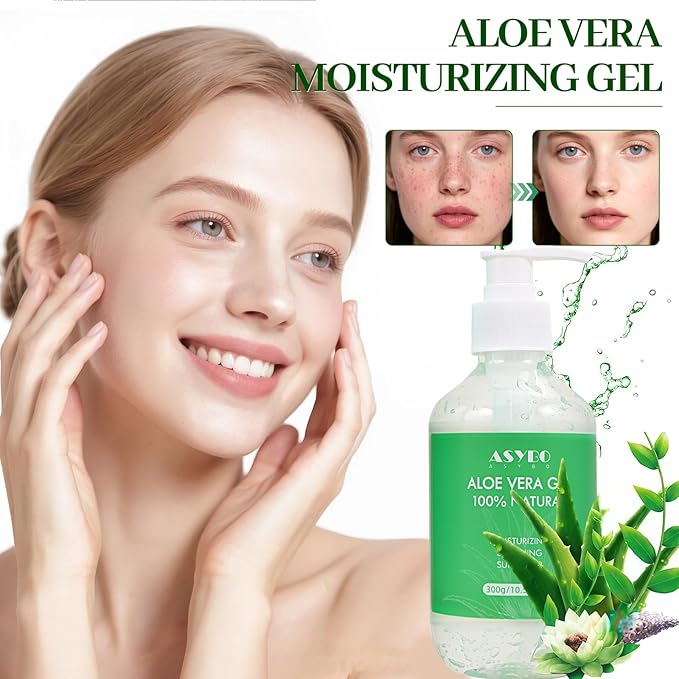 ASYBO Aloe Vera Gel 300 ml – 100% Natural Pure Aloe Vera for Face Body Hair, Soothing and Nourishing Moisturising Aloe Cream for Dry Skin, Sunburn, Acne, After Sun Lotion