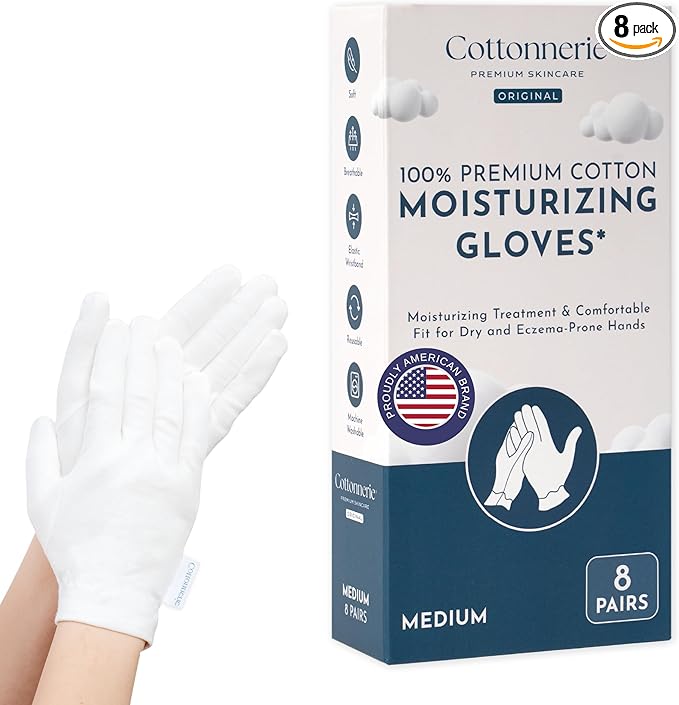 8 Pairs Cottonnerie Original Cotton Gloves for Dry Hands Sleeping, Moisturizing Gloves Overnight, Hand Moisturizer Gloves, Moisture Gloves for Dry Hands Overnight, Sleeping Gloves, Medium