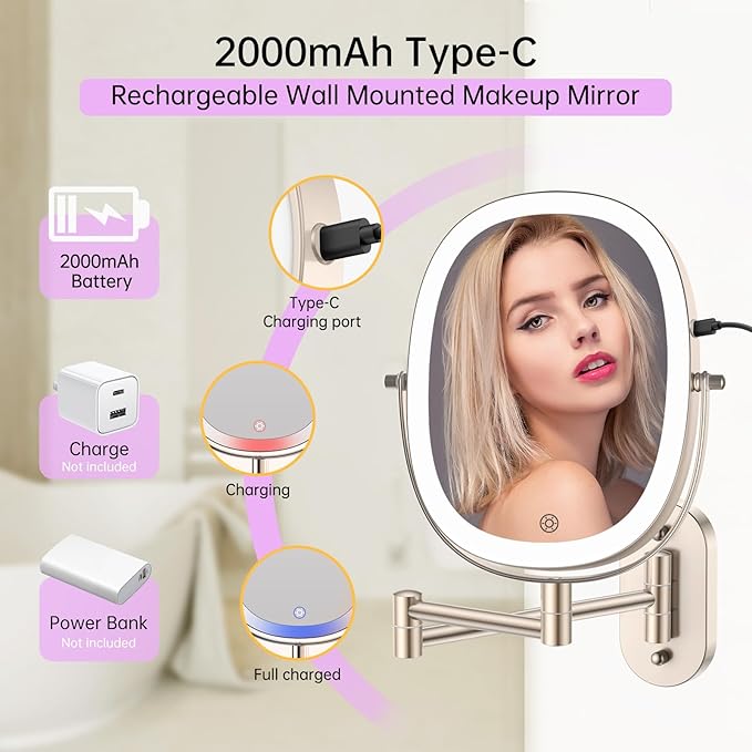 FUNTOUCH Wall Mounted Makeup Mirror,Rechargeable 7X/1X Double Sided Touch Switch Rectangle Oval Wall Mounted Magnifying Mirror with Light, 3 Color Setting,Extended Arm 360°Foldable, Nickel
