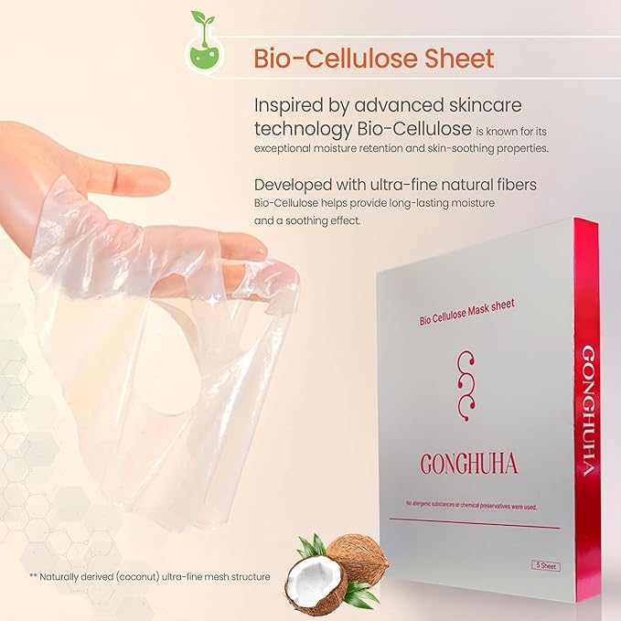 GONGHUHA Korean Bio Cellulose Face Mask Sheet for Deep Hydrating, Soothing, and Refreshing Skin – Facial Mask for Women and Men, Self-Care Sheet Mask for All Skin Types (5 Sheet)
