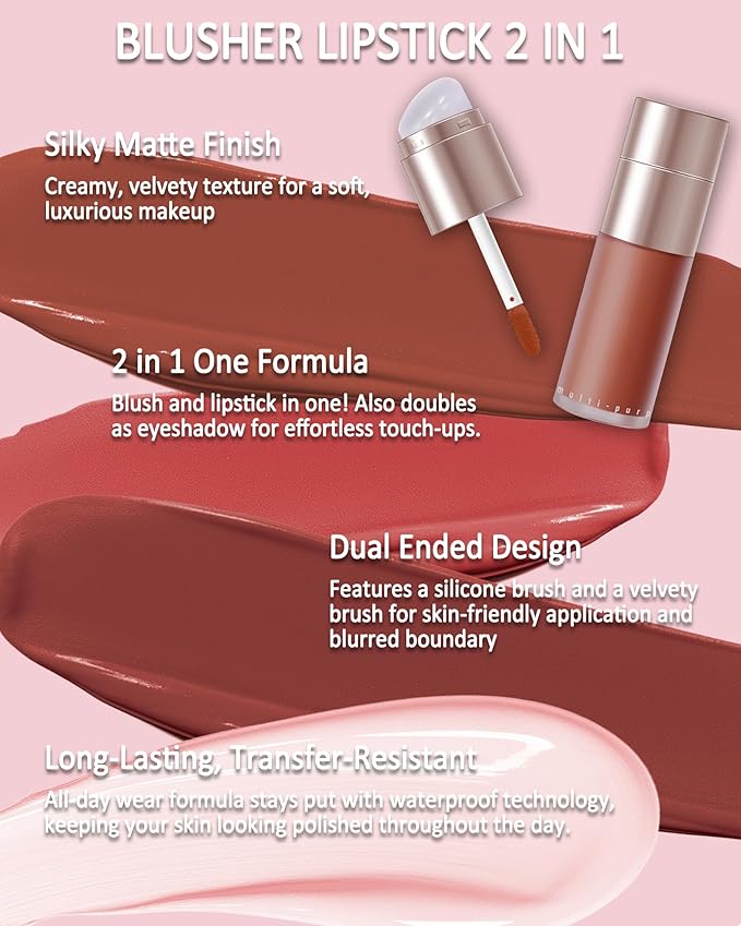 Velvet Cream Blush for Cheeks and Lips Tint, Nude Pink Matte Double-Ended Face Blush with Silicone Brush, Blendable Waterproof Long-Lasting Liquid Blushes, Lightweight Facial Makeup Gift for Women-5#