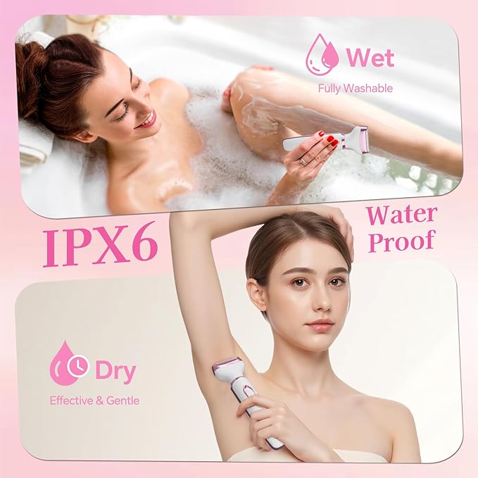 Women's Electric Shaver 4-in-1 - Waterproof Painless Hair Remover for Bikini, Face & Body, Cordless Wet/Dry Trimmer with Nose & Eyebrow Heads, Fast USB-C Charging, Gift for Women