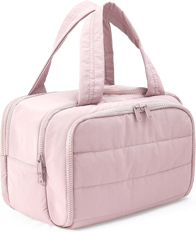 BUZFOWU Travel Toiletry Bag for Women, Large Wide-open Puffy Cosmetic Makeup Bag with Wet-Dry Separation, Multi-Pocket Organizer with Carry Handle for Toiletries, Cosmetics, Essentials, Light Pink