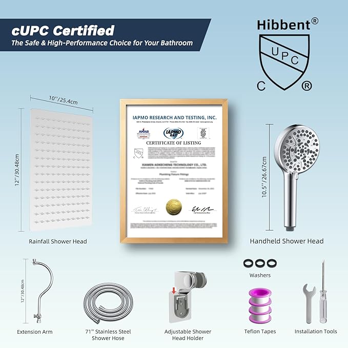 Hibbent 12'' All Metal CUPC Certified Shower Head, High Pressure Rainfall Shower Head, Handheld Showerhead Combo, 12'' Adjustable Shower Extension Arm, 10-Spray, 71'' Hose, Showerhead Holder, Chrome