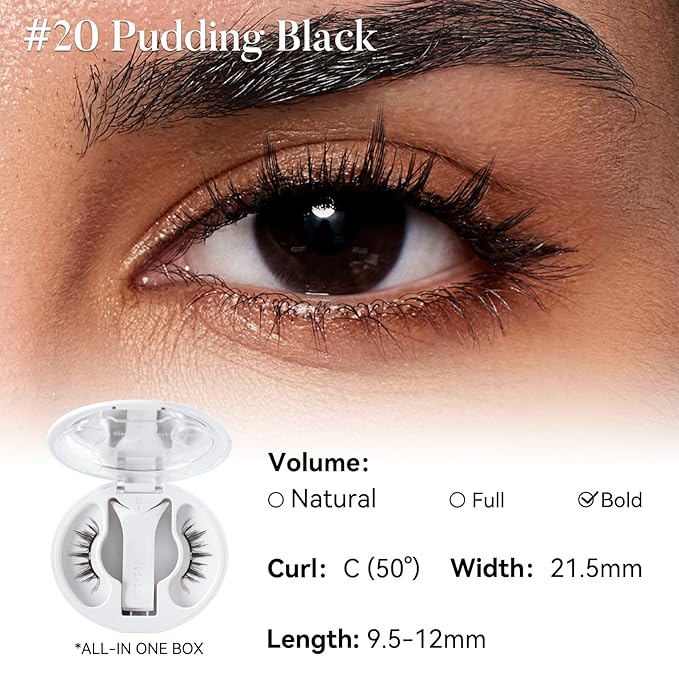 WOSADO Soft Magnetic Eyelashes [No.20 Pudding Black] 21.5mm with Applicator Kit, Reusable Glue-free Wispy Magnetic Lashes, Cruelty-free False Lashes, Waterproof, Lightweight, Suit for Heavy Makeup