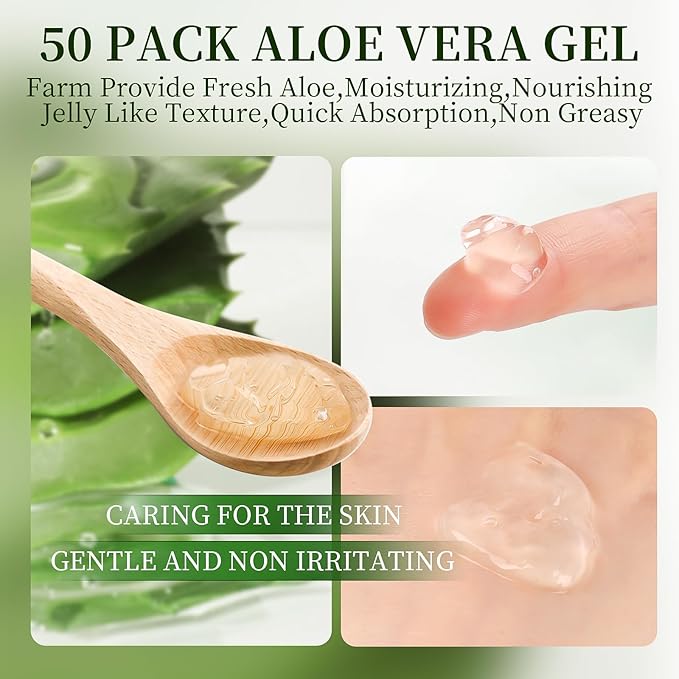 KONEUK 50 Pack Aloe Vera Gel for Face, Hair, Body, Skin, Sunburn Relief, 99% Pure Aloe Vera Gel for All Skin Types, Bulk Aloe Gel Travel Size for Soothing After Sun Skin Care Relief