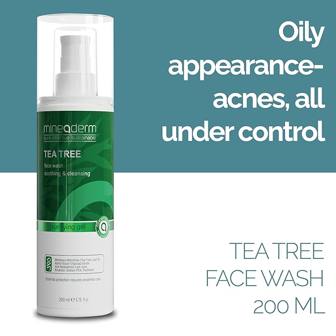 Mineaderm Tea Tree Face Wash for Acne-Prone & Oily Skin – Purifying Facial Cleanser with Aloe Vera, Panthenol & Bisabolol – Gentle Daily Gel Cleanser – 6.76 fl oz
