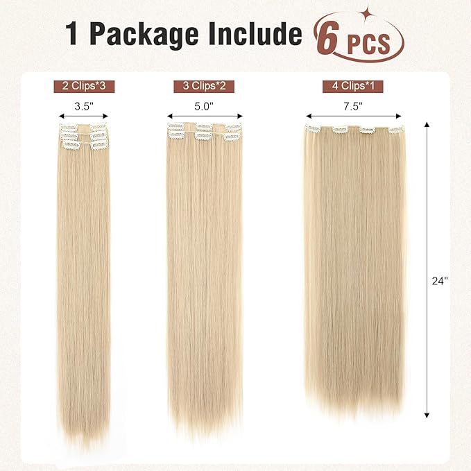 FLUFYMOOZ 6PC Clip in Hair Extensions 24" Straight Long Extensions for Women Synthetic Hairpiece (Ash Blonde)