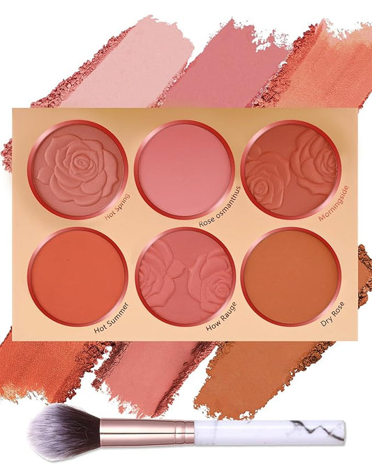Matte Face Blush Palette with Brush-6 Color High Pigment Mineral Blendable Blusher Contour Powder for Cheeks,Longlasting Facial Beauty Cosmetic,Valentine's Women's Day Makeup Gift for Women-Set 02