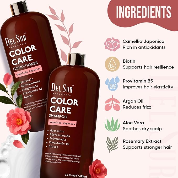 DEL SUR Color Safe Shampoo and Conditioner Set | 16 fl oz Each | with Camellia Japonica, Quercetin & Biotin | Color Protecting, Hydrating & Anti Frizz Care for Color Treated Hair