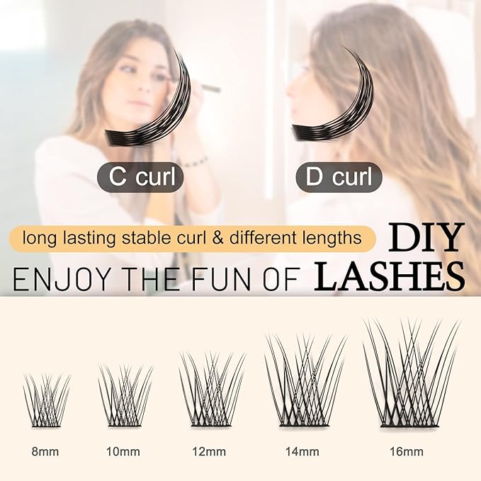 QUEWEL Cluster Lashes 72 Pcs Wide Stem Individual Lashes C/D Curl 8-16mm Length DIY Eyelash Extension False Eyelashes Natural&Mega Styles Soft for Personal Makeup Use at Home (Natural-C-MIX8-16)